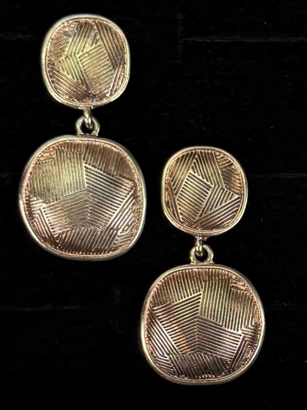 Vintage Aged Gold Tone Geometric Textured Dangle Pierced Earrings